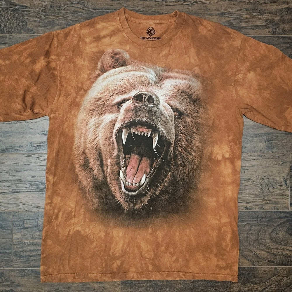 The Mountain Mens Large Grizzly Bear T-Shirt Tie Dyed Burnt Orange Wildlife Y2K‎